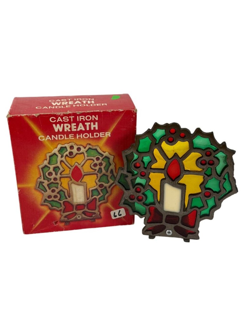Vintage 1981Cast Iron Wreath Candle Holder Tiffany Style Stained Glass Look